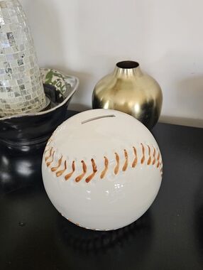 White Ceramic Baseball Money Bank with Orange Stitching Great Condition